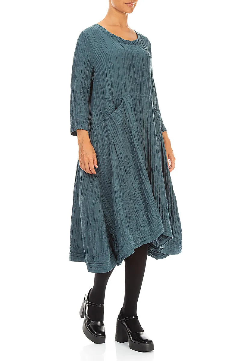 A-Line Deep Turquoise Crinkled Silk Linen Dress 3