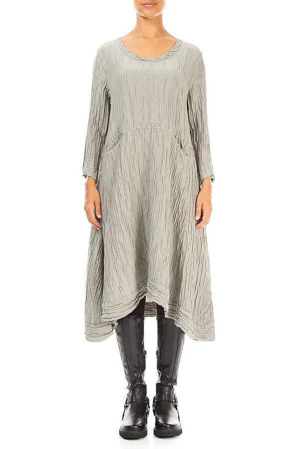 A-Line Olive Grey Crinkled Silk Linen Dress 1