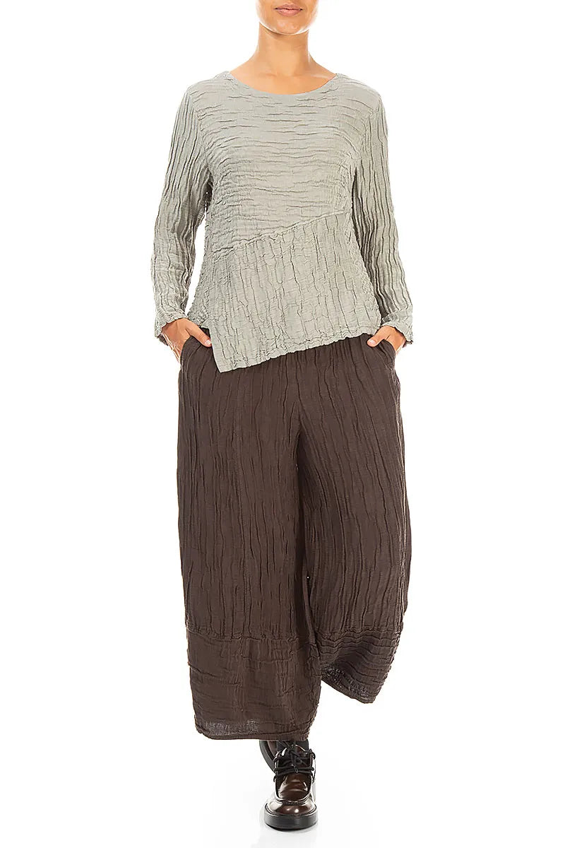Asymmetric Olive Grey Crinkled Silk Linen Blouse 4