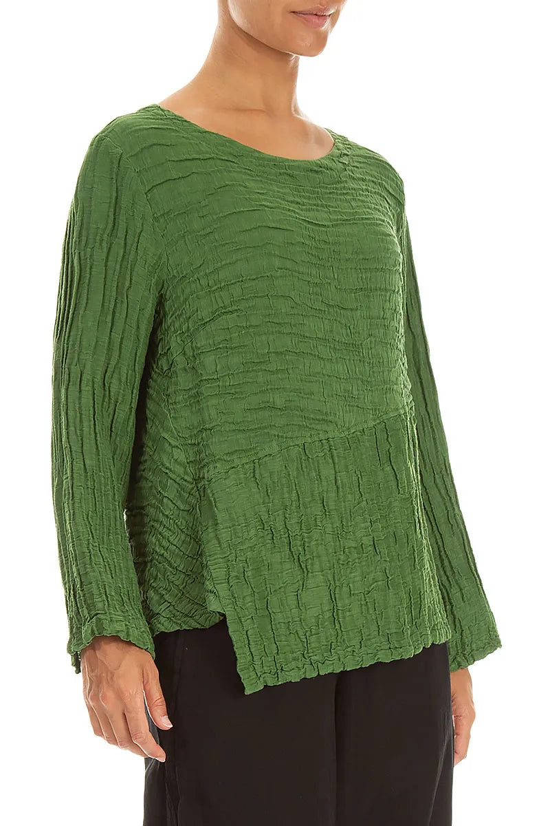 Asymmetric Shamrock Green Crinkled Silk Linen Blouse 3