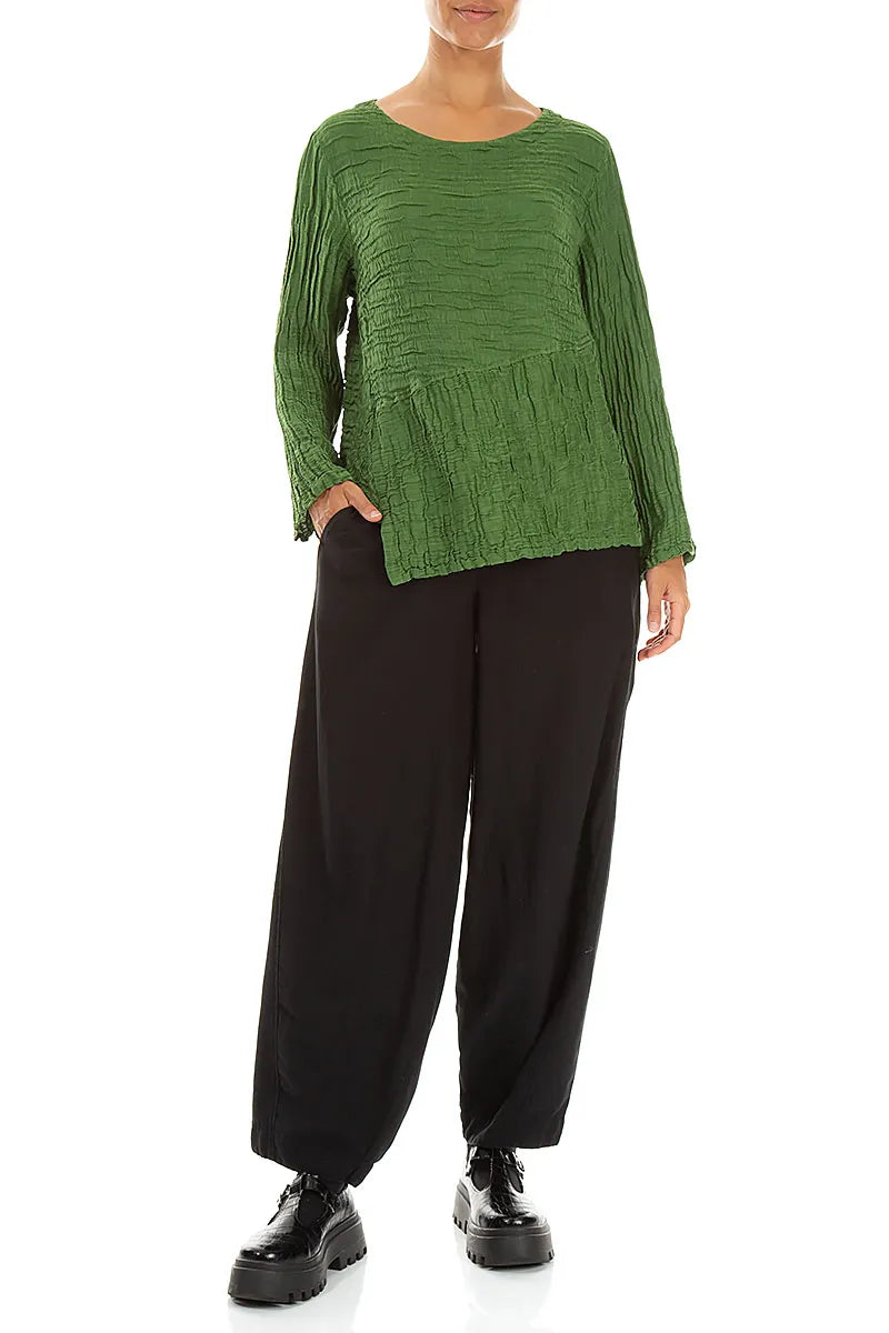 Asymmetric Shamrock Green Crinkled Silk Linen Blouse 4