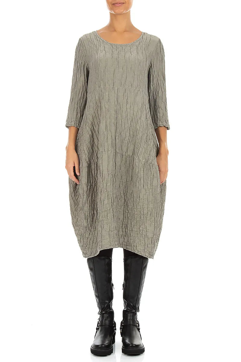 Balloon Crinkled Olive Grey Silk Linen Dress 1