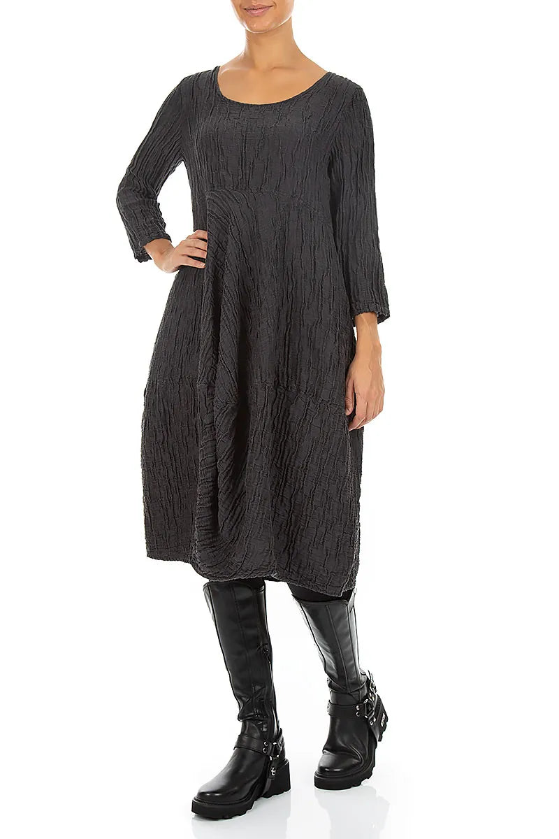Balloon Cropped Sleeves Crinkled Charcoal Silk Linen Dress 4