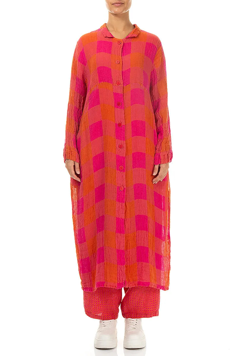 Balloon Large Check Pink Orange Gauze Linen Jacket Dress 1