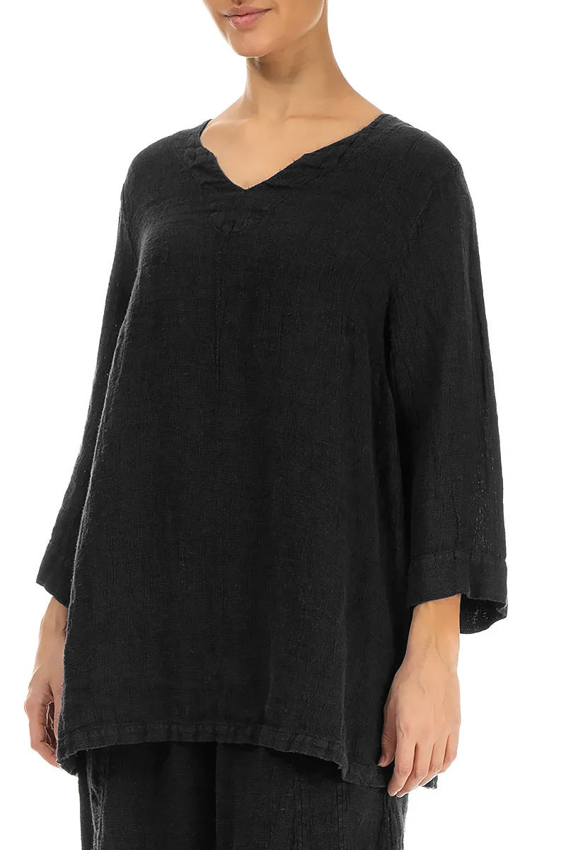 Black Sweetheart Neck Mélange Linen Blouse 3