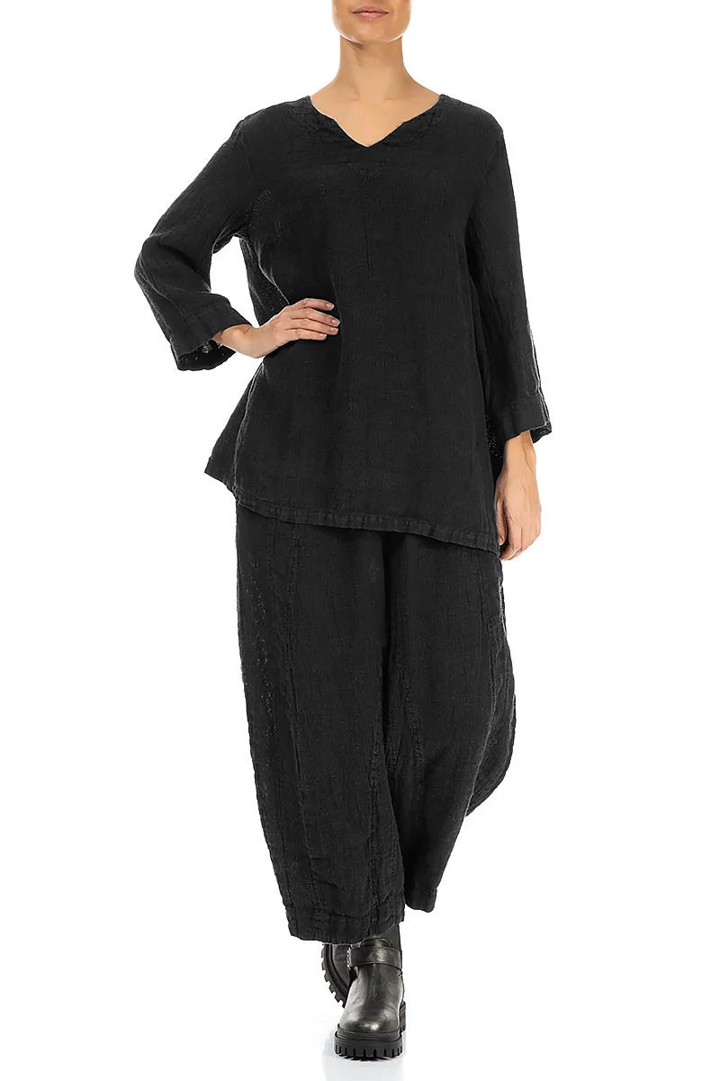 Black Sweetheart Neck Mélange Linen Blouse 4
