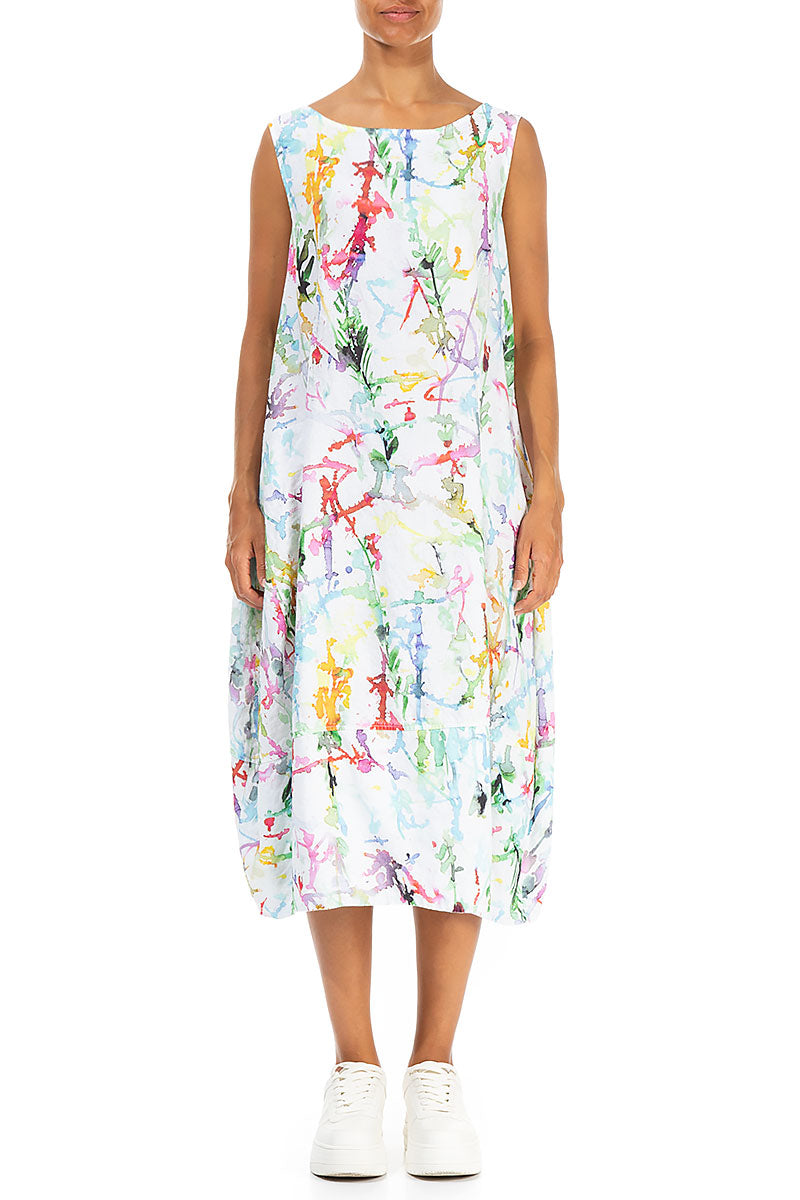 Boat Neck Balloon Colour Splash Linen Dress 1