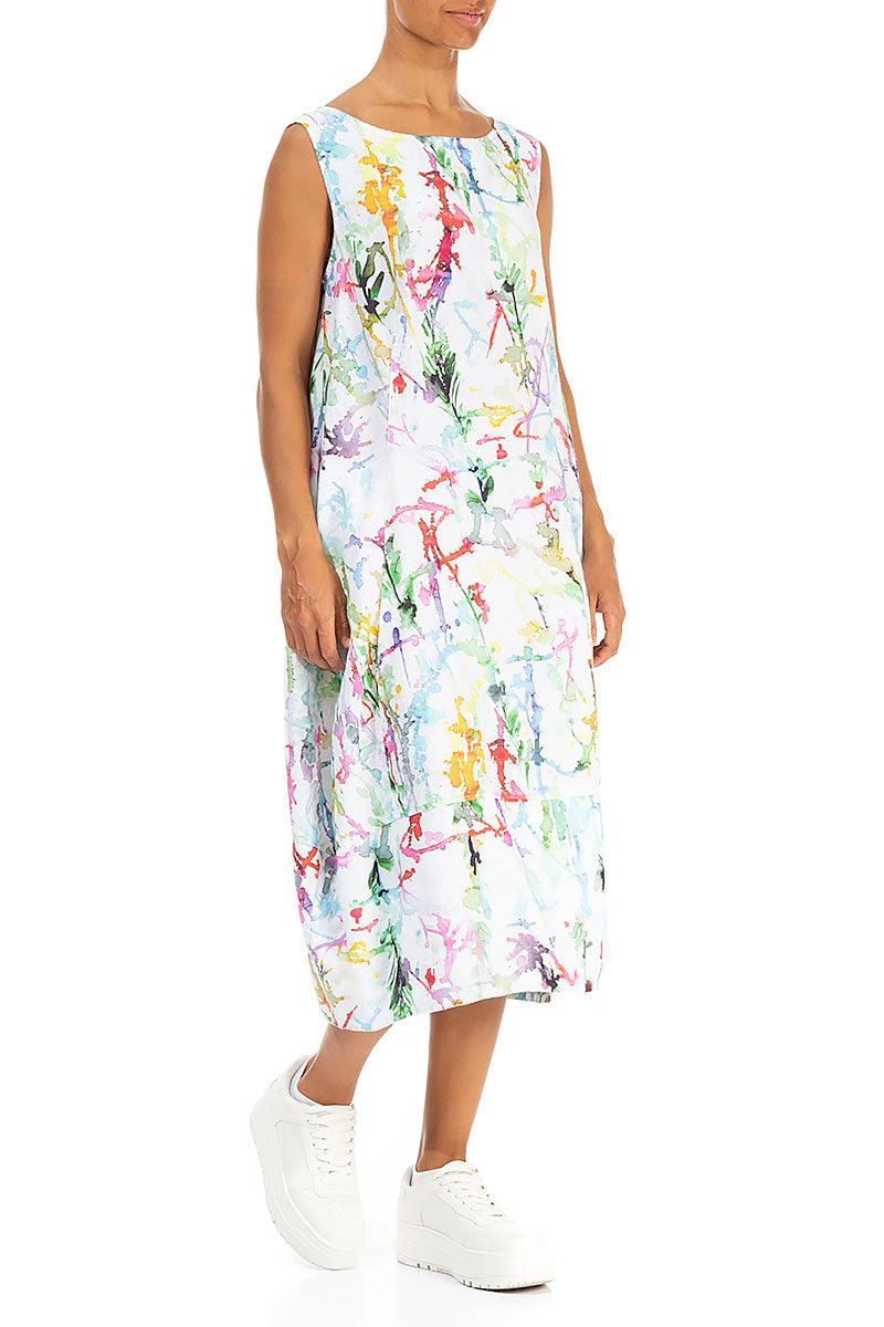 Boat Neck Balloon Colour Splash Linen Dress 3