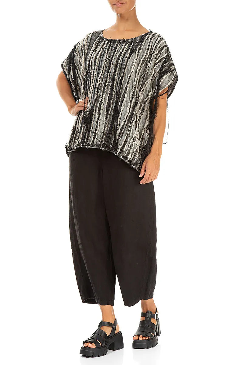Boxy Black Textured Linen Blouse 4
