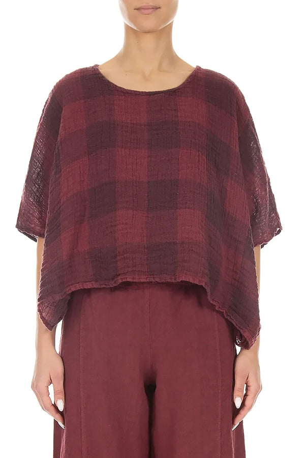 Boxy Large Check Antique Ruby Gauze Linen Blouse 1