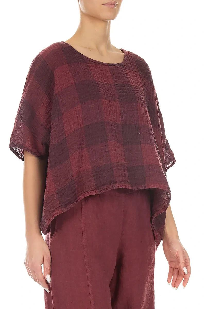Boxy Large Check Antique Ruby Gauze Linen Blouse 3
