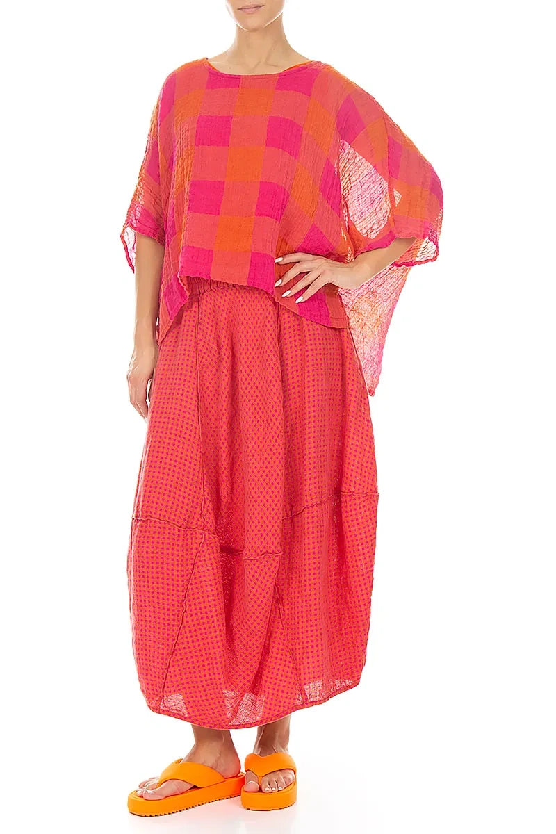 Boxy Large Check Pink Orange Gauze Linen Blouse 5