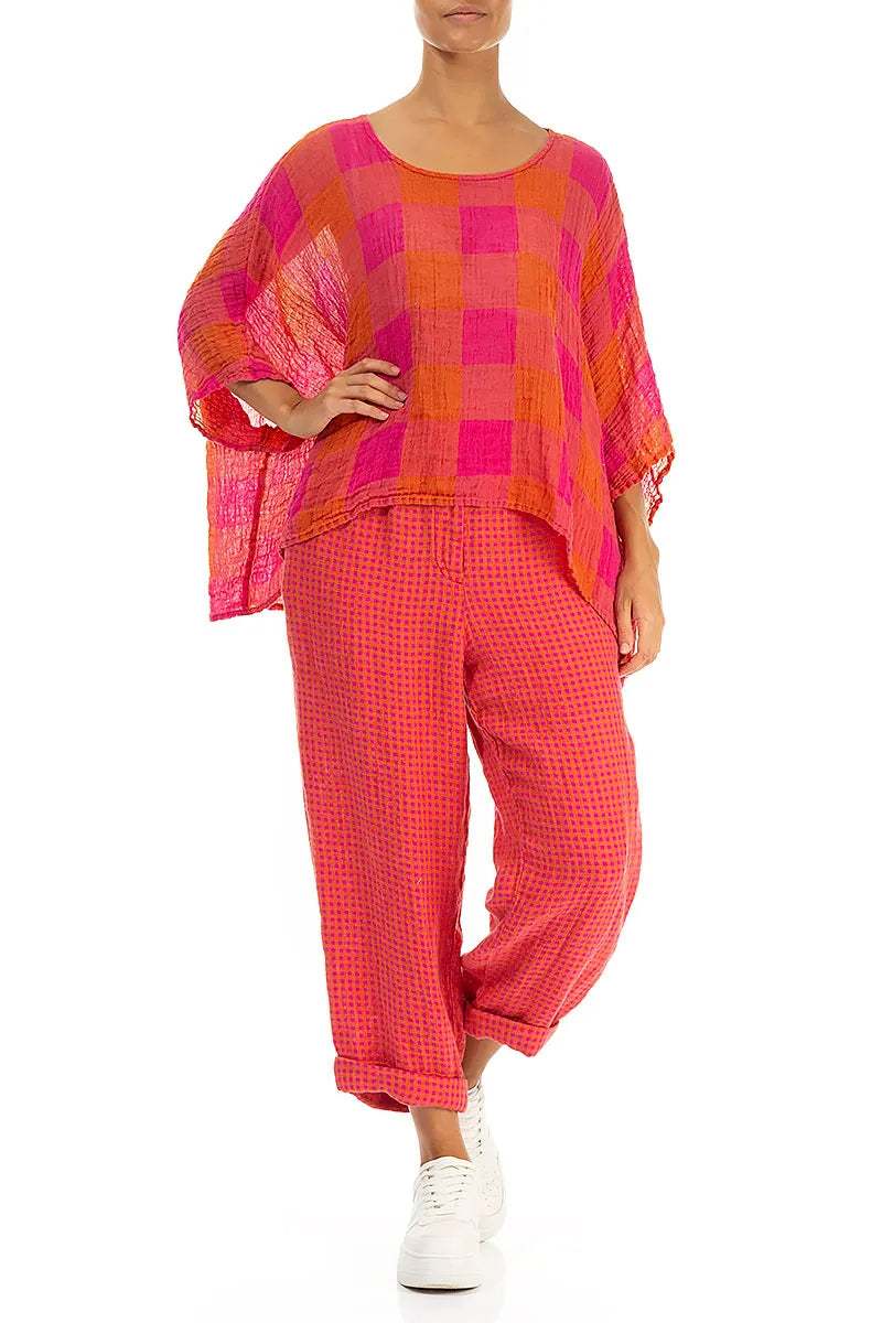 Boxy Large Check Pink Orange Gauze Linen Blouse 6