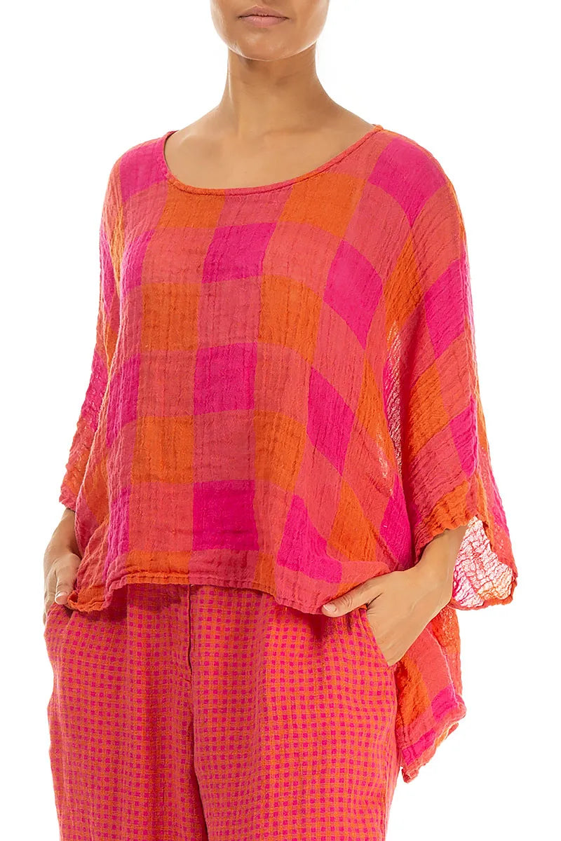 Boxy Large Check Pink Orange Gauze Linen Blouse 4