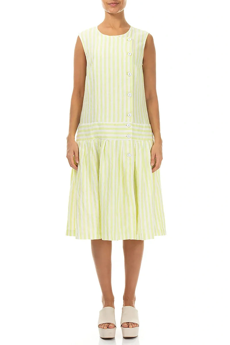 Button Detail Lime Striped Linen Dress 1