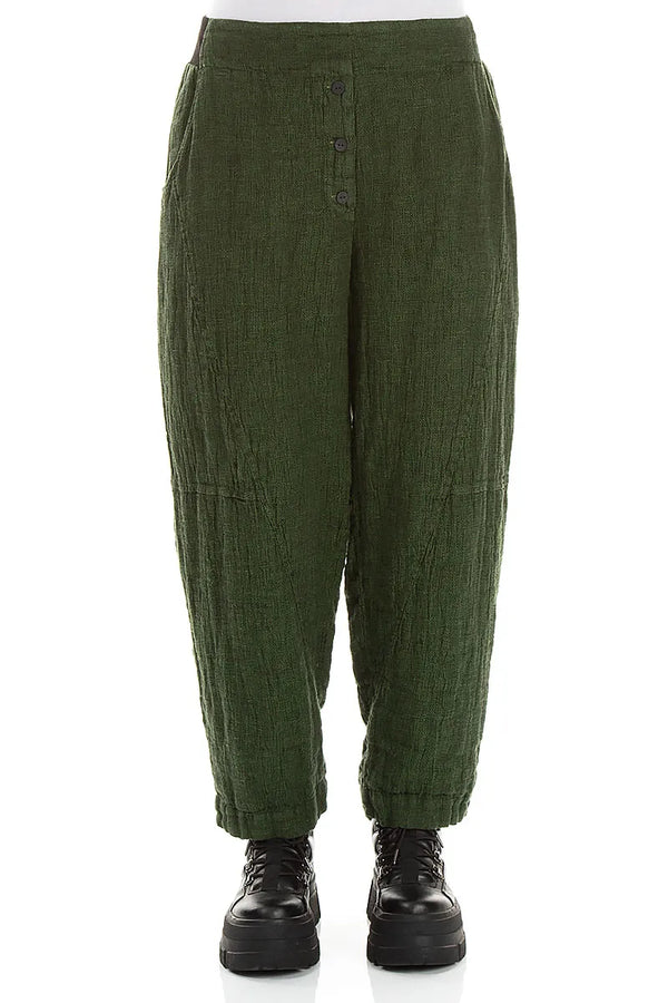 Button Front Shamrock Green Mélange Linen Trousers 1