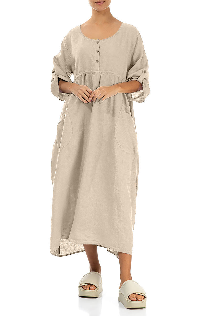 Buttoned Beige Linen Dress 4