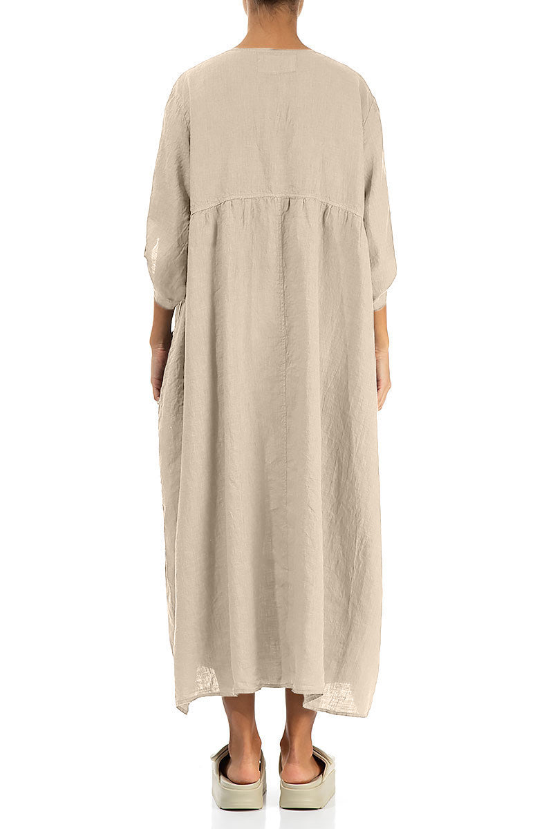Buttoned Beige Linen Dress 2