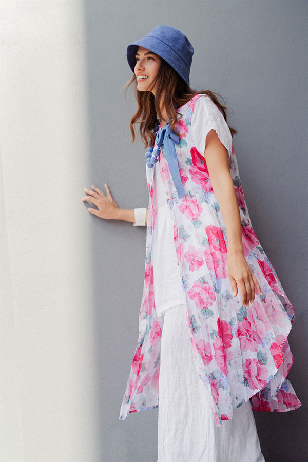 Buttoned Peony Blossom Cotton Tunic Vest 1