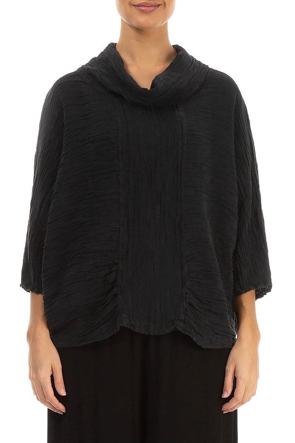 Cowl Neck Crinkled Black Silk Blouse 1