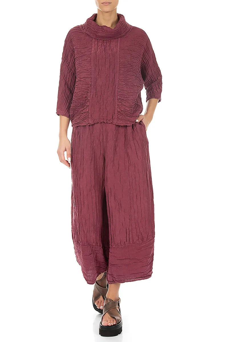 Cowl Neck Crinkled Antique Ruby Silk Linen Blouse 4
