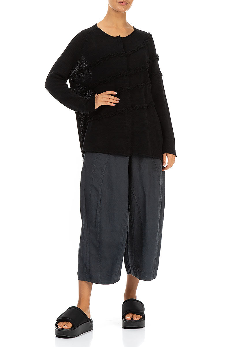 Decorated Front Black Linen Cardigan 4