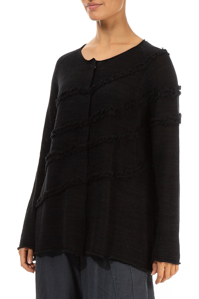 Decorated Front Black Linen Cardigan 3