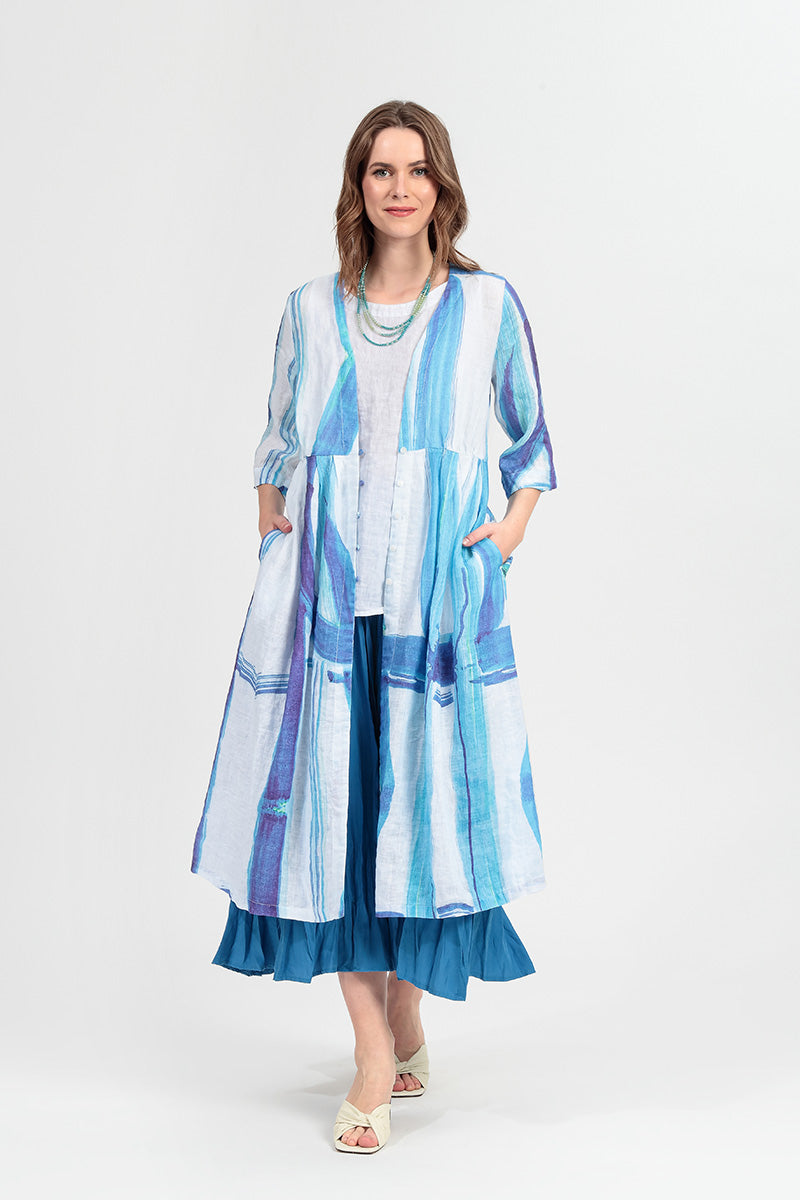V-Neck Blue Brushstroke Linen Jacket 1