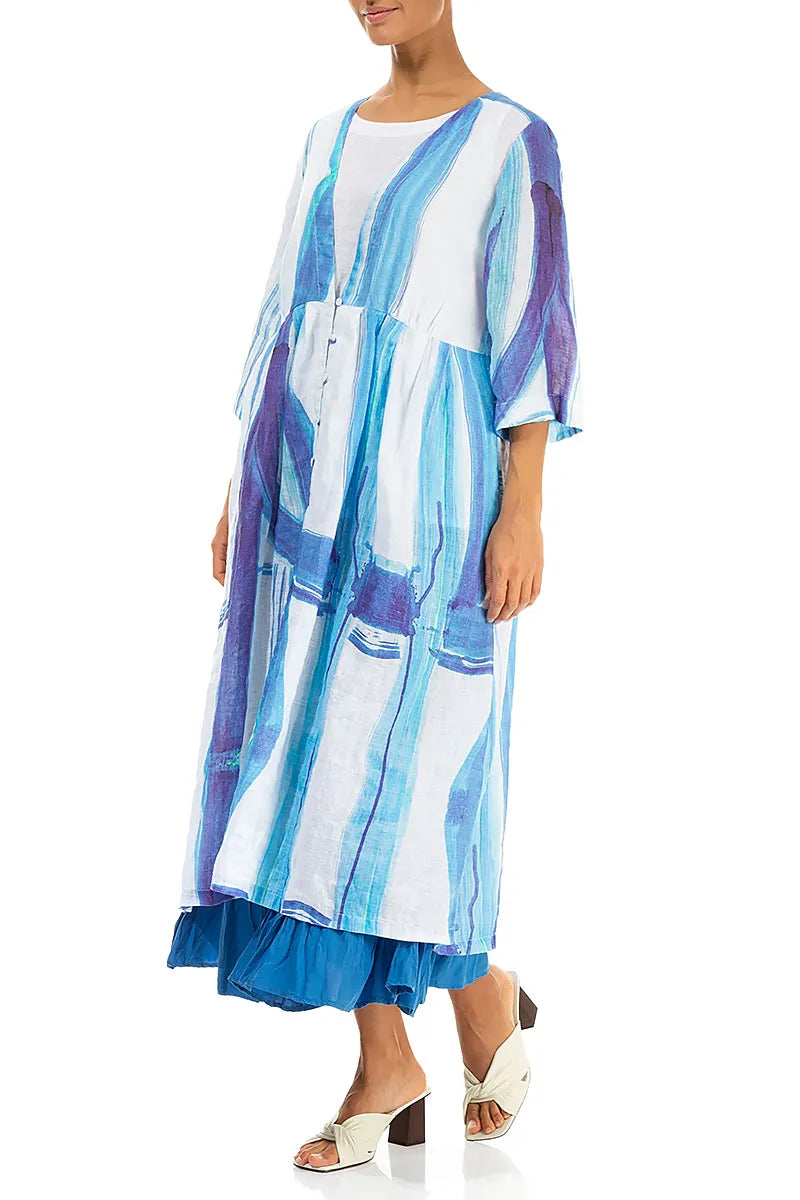 V-Neck Blue Brushstroke Linen Jacket 4