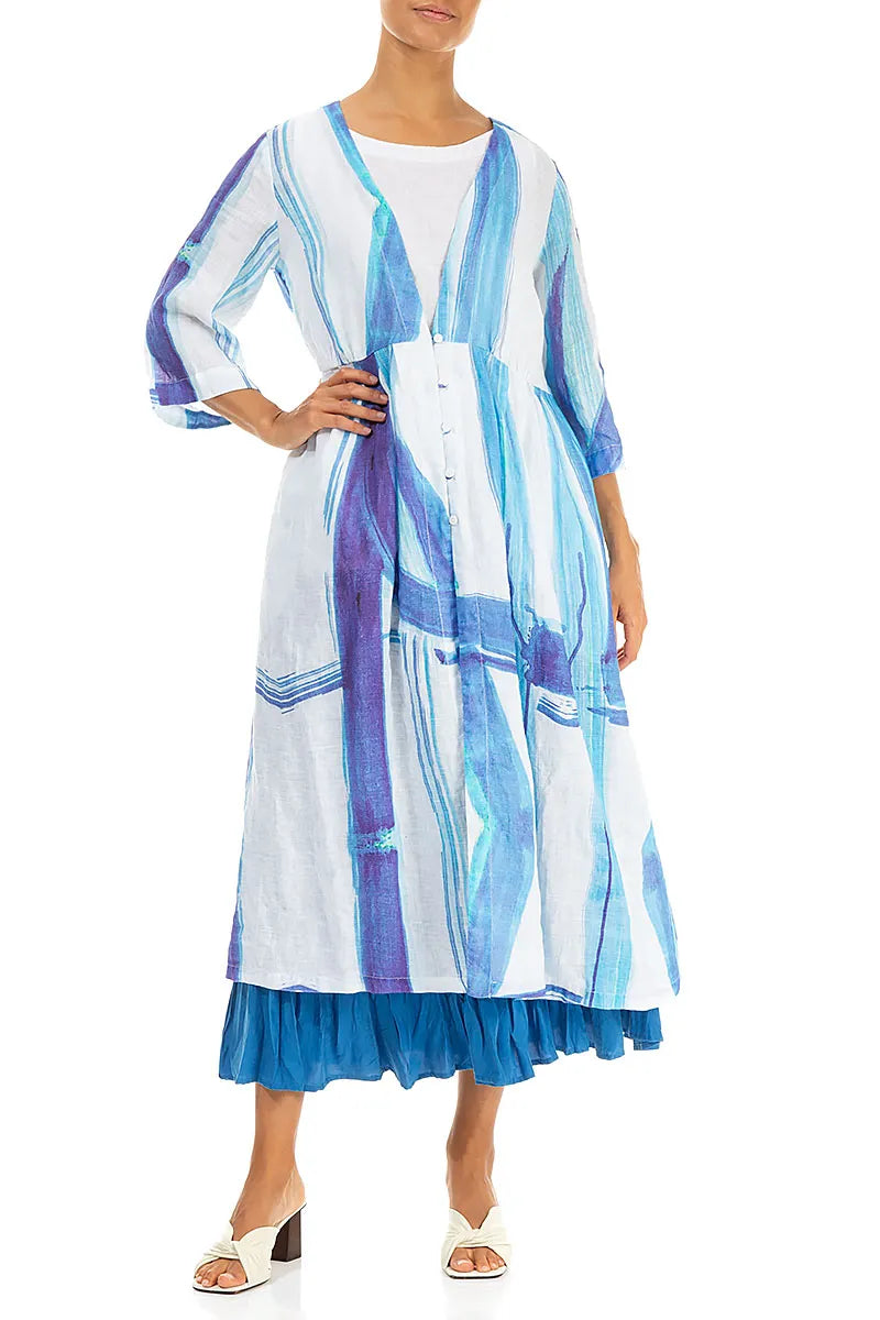 V-Neck Blue Brushstroke Linen Jacket 5