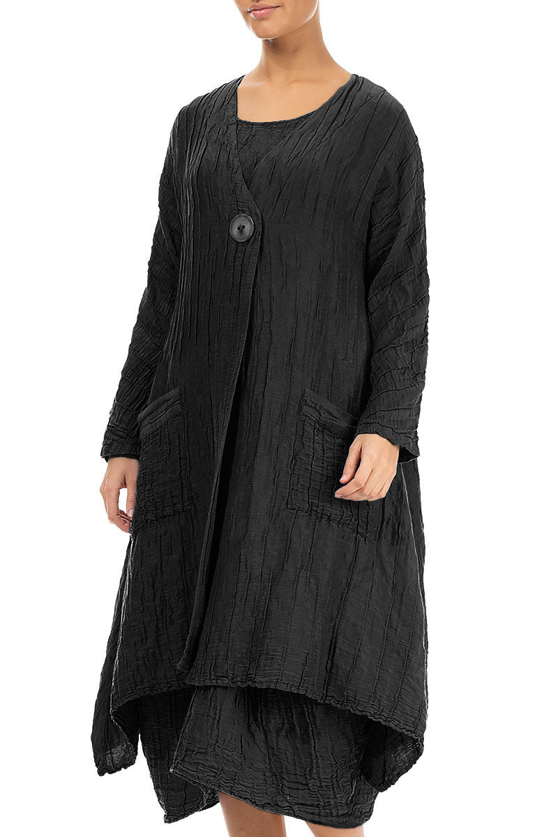 Dropped Edge Crinkled Black Silk Jacket 3