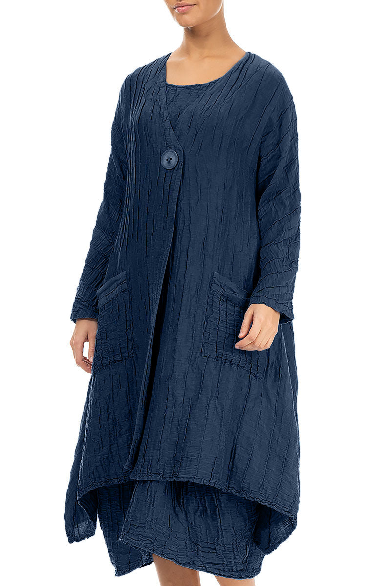 Dropped Edge Crinkled Navy Silk Linen Jacket 3