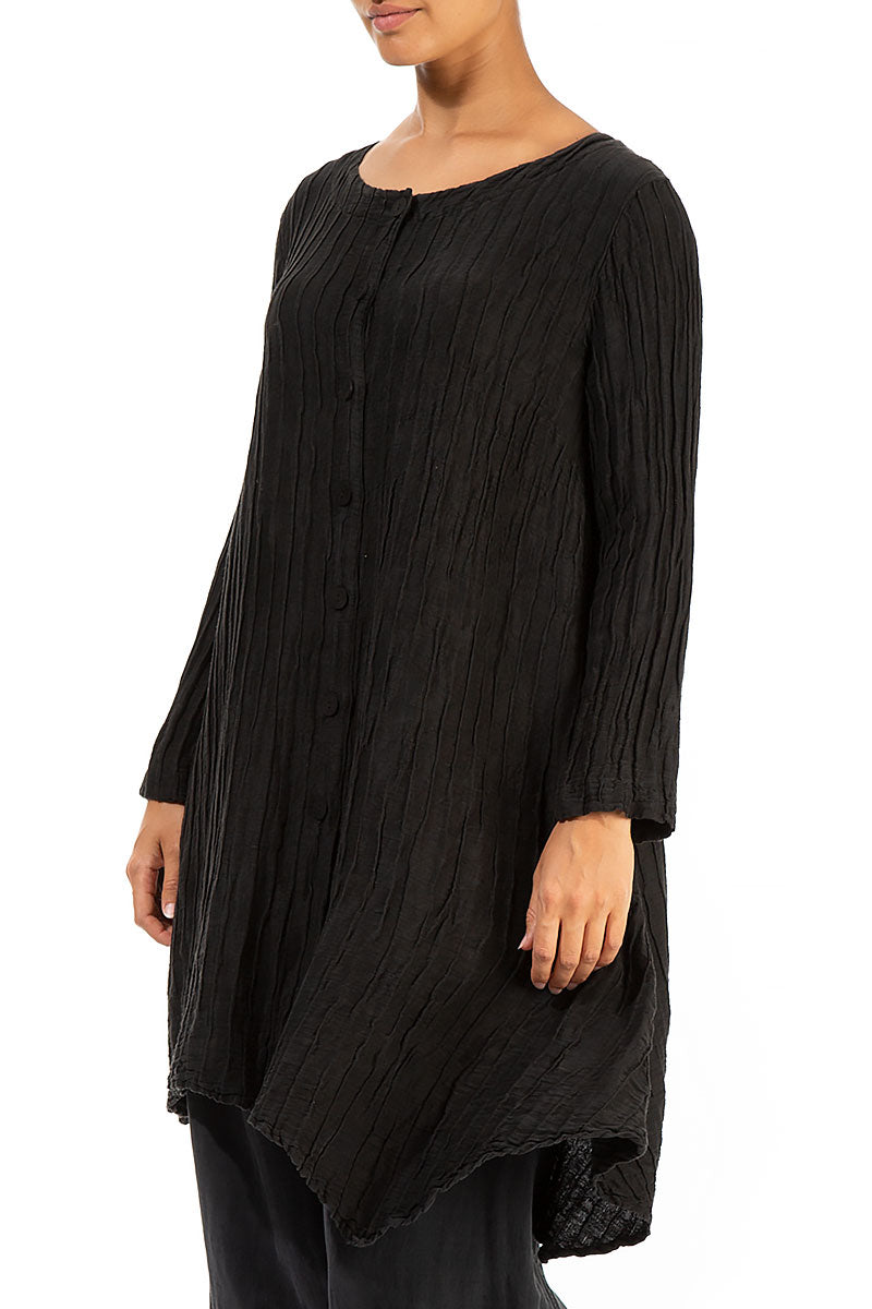 Dropped Side Crinkled Black Silk Linen Jacket 3