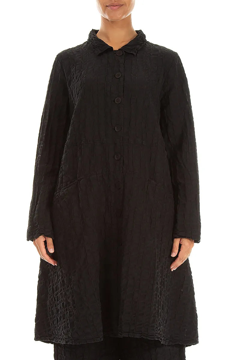 Flared Black Checkered Linen Cotton Jacket 1