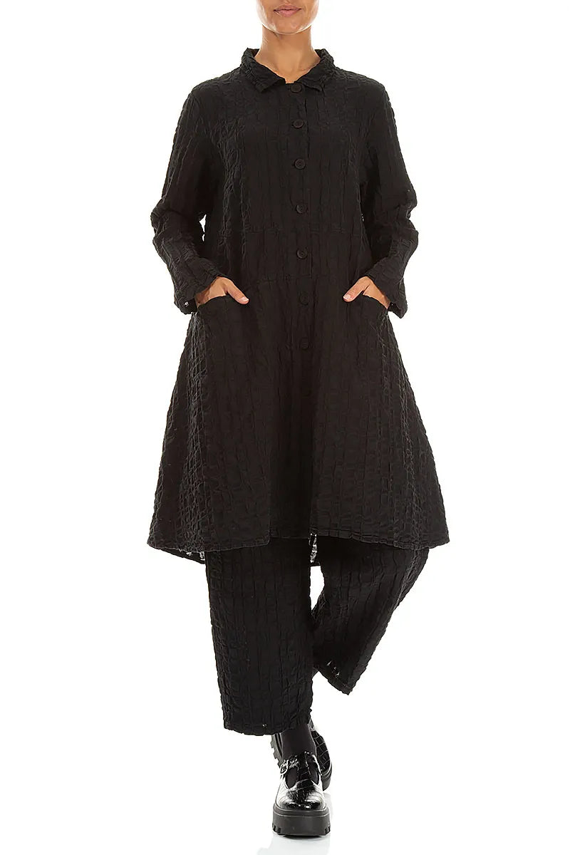 Flared Black Checkered Linen Cotton Jacket 4