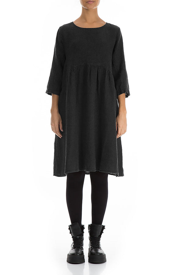 Flared Black Mélange Linen Midi Dress 1