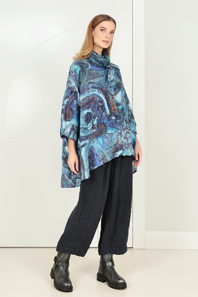 Flared Crinkled Blue Reverie Silk Linen Shirt 1