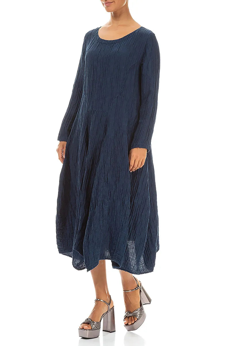 Flared Crinkled Navy Silk Linen Dress 3