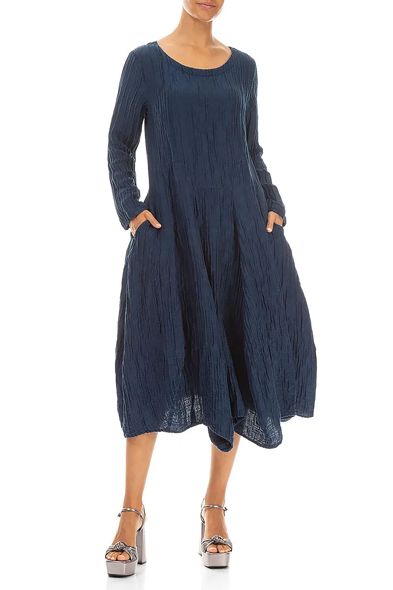 Flared Crinkled Navy Silk Linen Dress 4