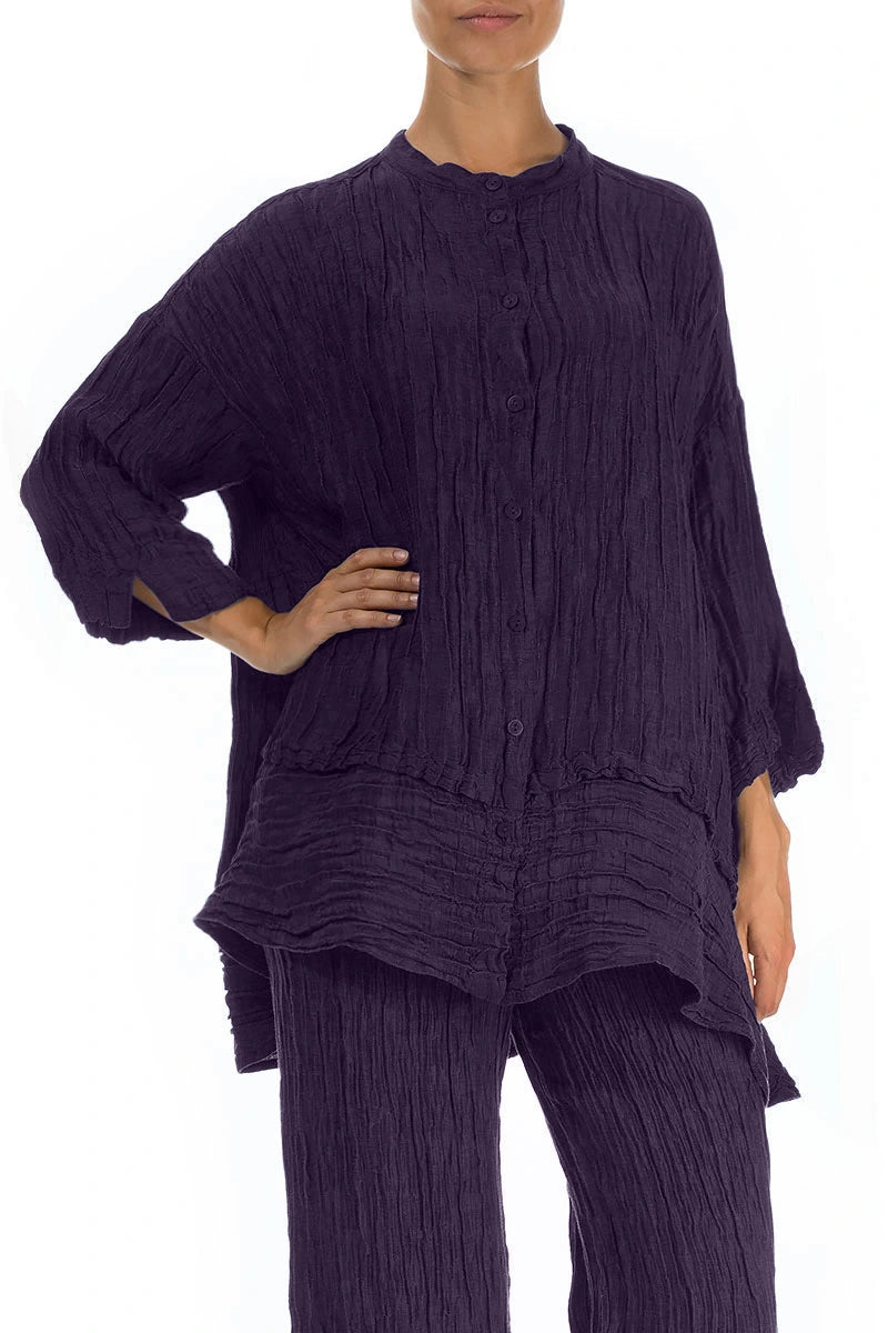 Flared Crinkled Royal Purple Silk Linen Shirt 3