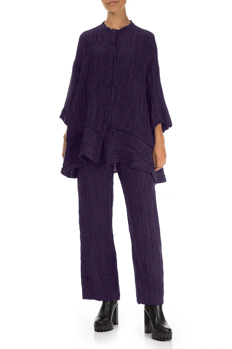 Flared Crinkled Royal Purple Silk Linen Shirt 4