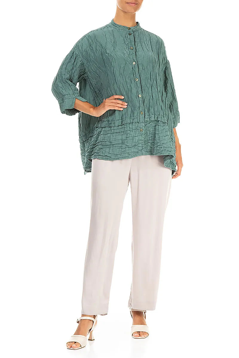 Flared Crinkled Sage Silk Linen Shirt 4