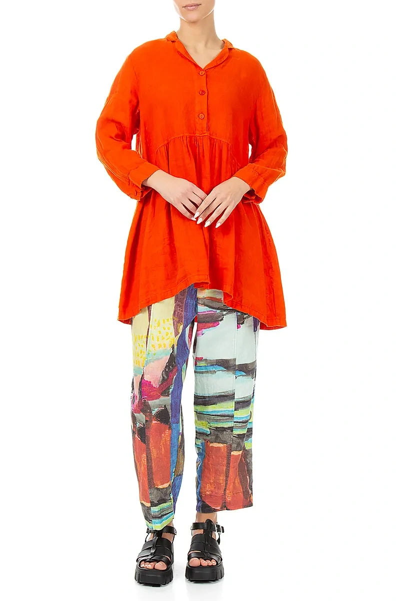 Flared Flame Orange Linen Blouse 4