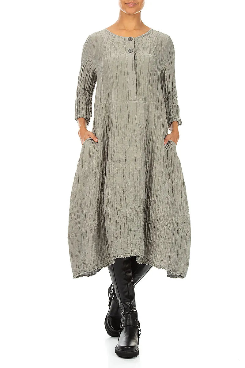 Flared Olive Grey Crinkled Silk Linen Dress 3