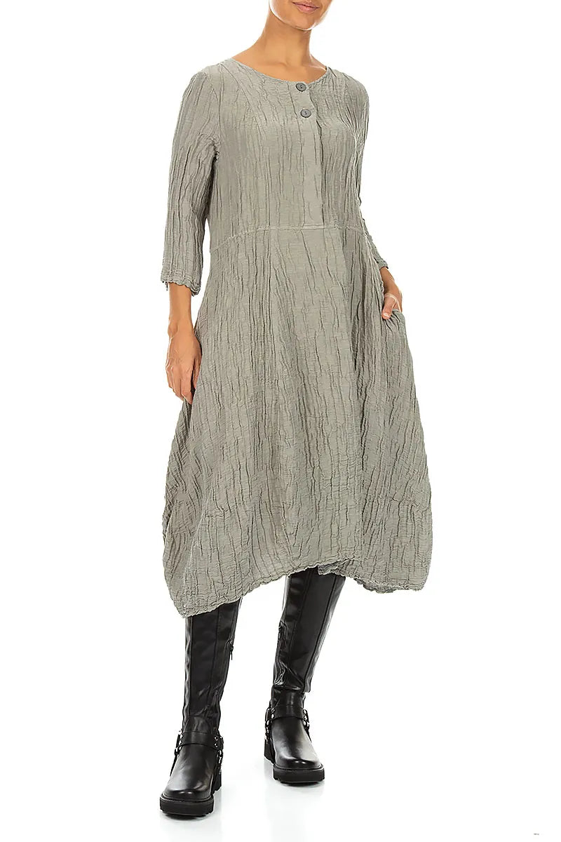 Flared Olive Grey Crinkled Silk Linen Dress 4
