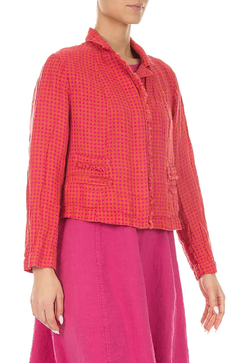 Frayed Edge Pink Orange Check Linen Jacket 3