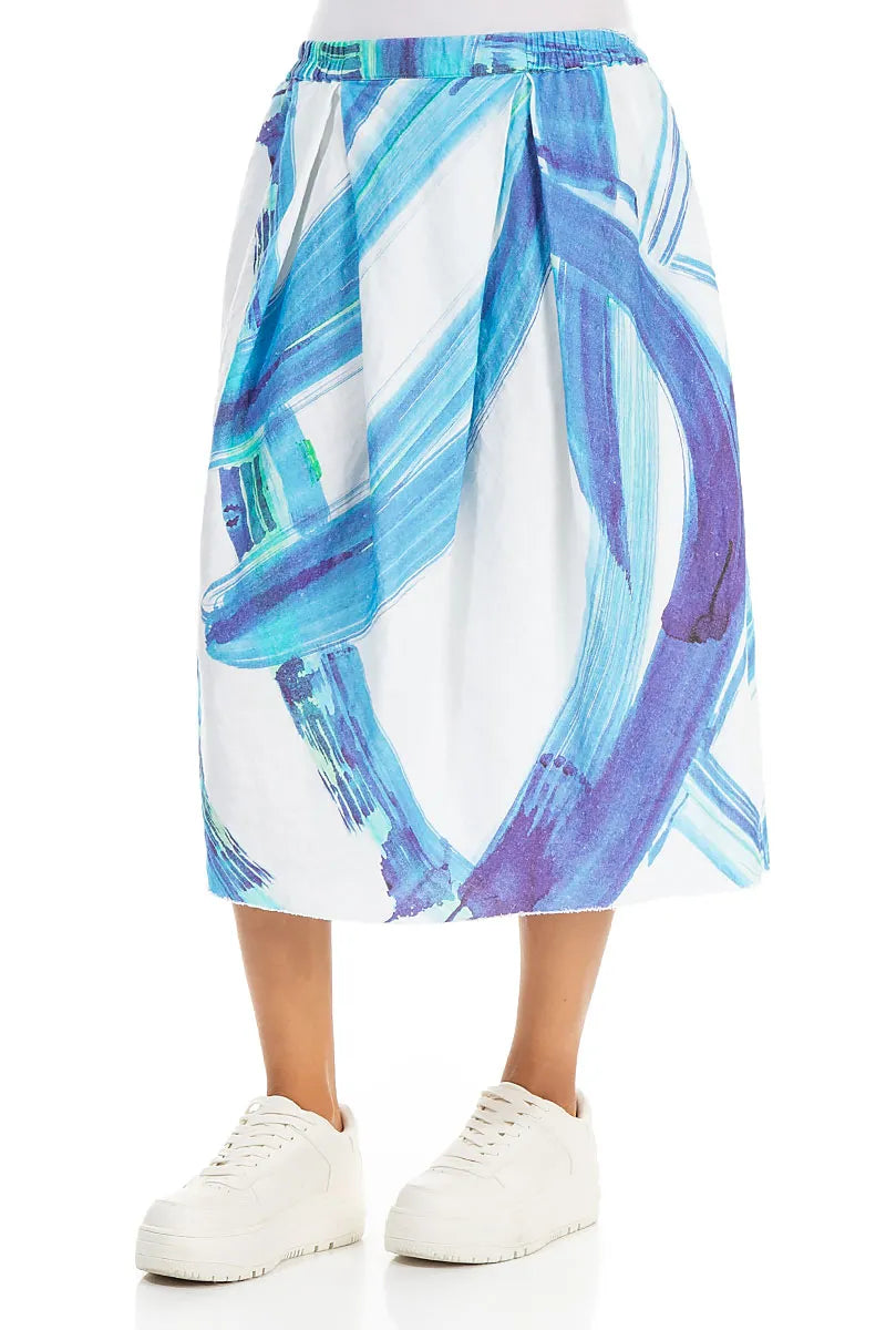 Frayed Hem Blue Brushstroke Linen Skirt 3