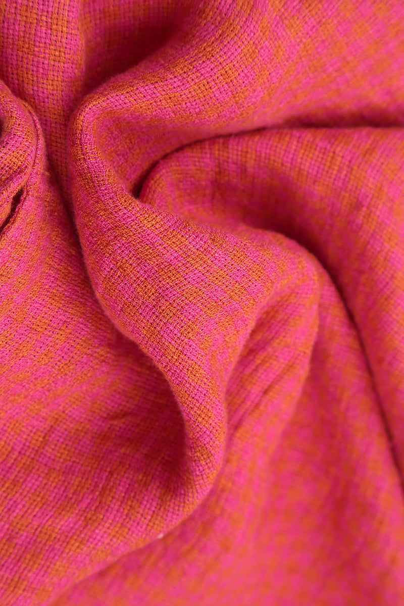 Frayed Neckline Sleeveless Pink Orange Check Linen Dress 5