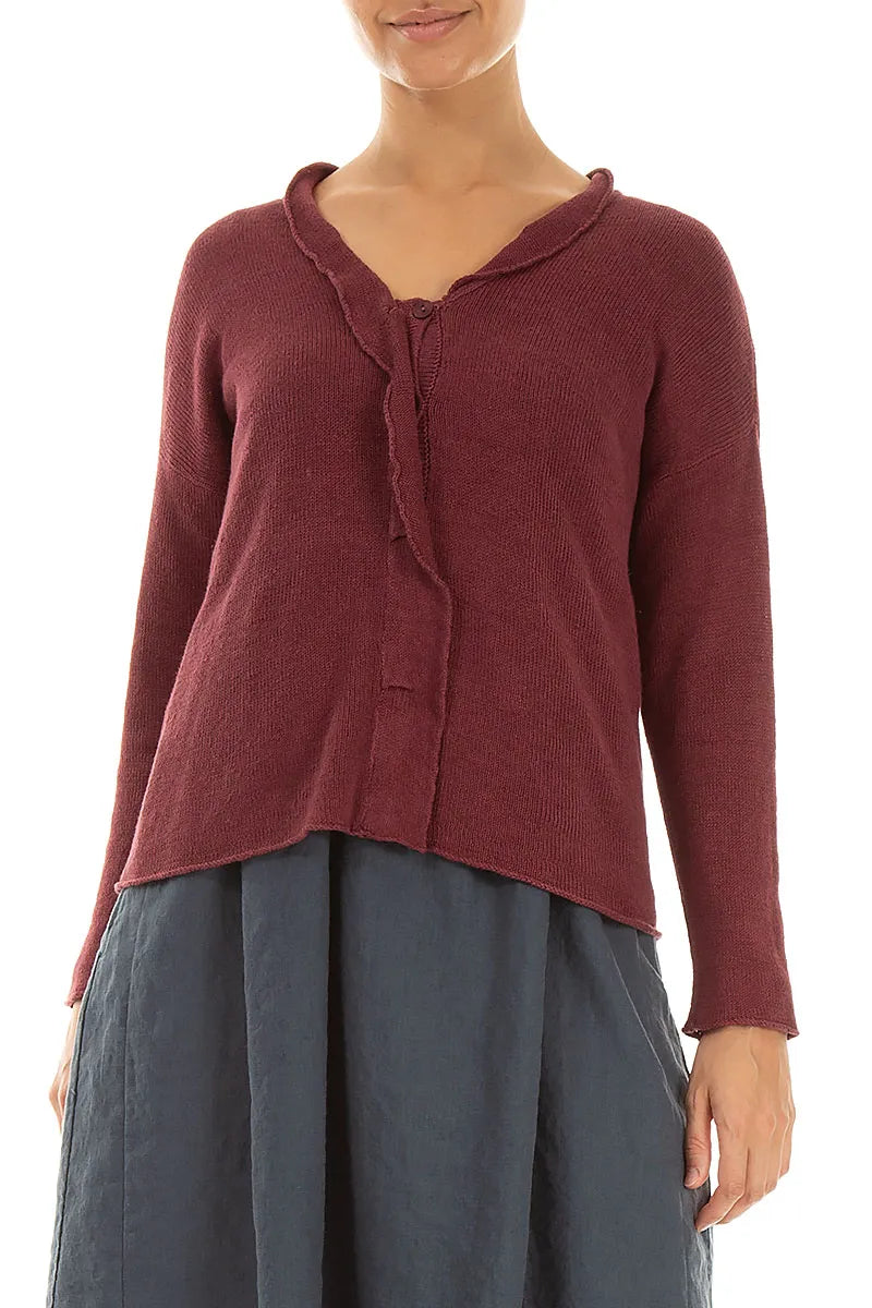 Frilled Neck Antique Ruby Linen Cardigan 3
