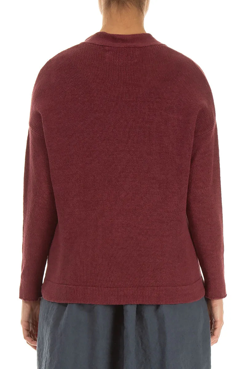 Frilled Neck Antique Ruby Linen Cardigan 2